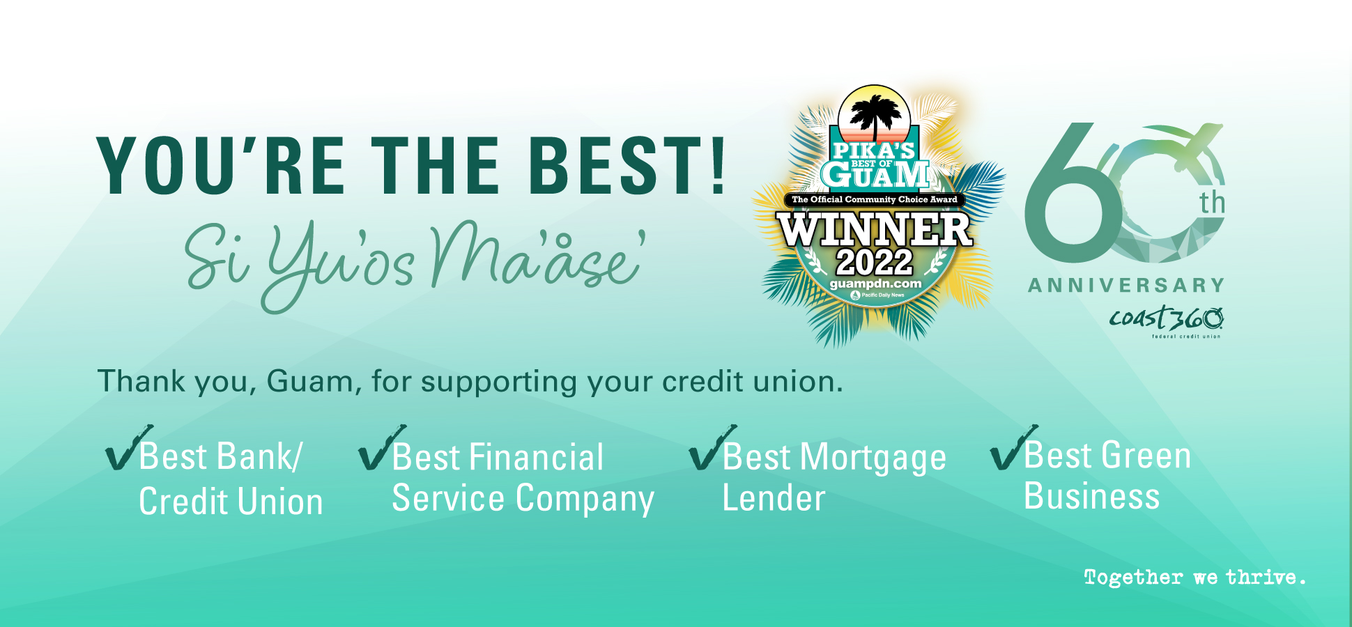 We Win Together. Best Bank/Credit Union. Best Mortgage Lender. Best Financial Service Company. Best Green Business. Thank you 